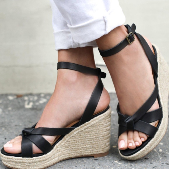 Soludos Charlotte Knotted Black Leather Wedge Espadrille Platform Sandal 10 - Picture 5 of 13